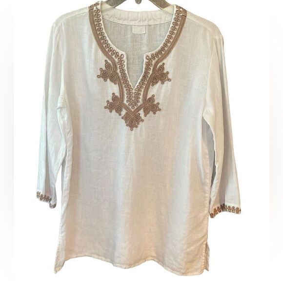 Symple NYC Sz L White 100% Linen Tan Embroidered V-neck Summer  Boho Tunic Top - Picture 1 of 6